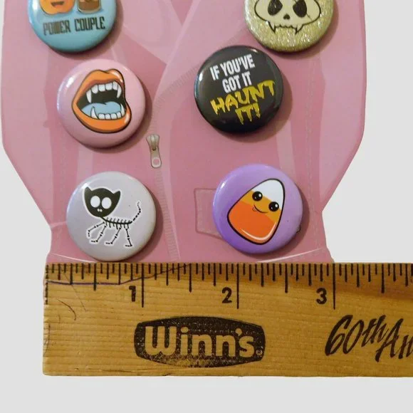 Halloween Fashion Pins Set of 6 Fangs Candy Corn Lapel Hat Metal 1 in Round - Picture 4 of 5